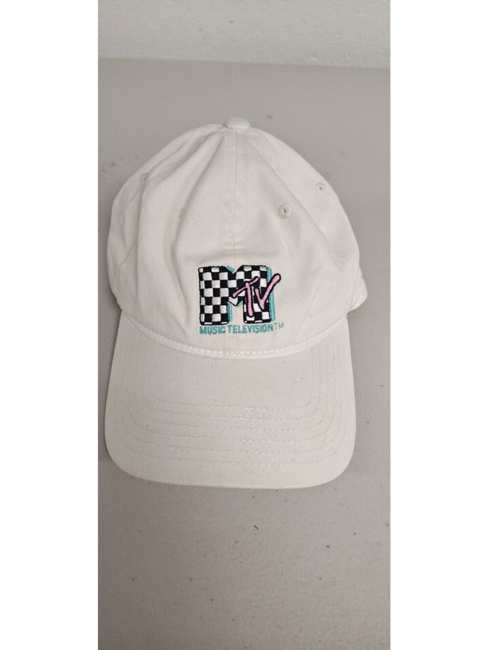 MTV Music Television Checkerboard Logo White Adjustable Dad Hat Cap Retro